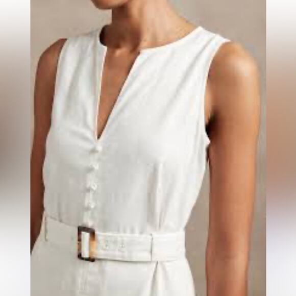 Banana Republic Off White Linen Cotton Belted Sleeveless Midi Dress Size 4 - Picture 2 of 13
